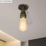 Semi Flush Industrial Rustic Ceiling Lamp - Open Bulb Iron Head In Bronze/Antique Brass For