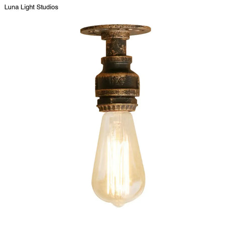 Semi Flush Industrial Rustic Ceiling Lamp - Open Bulb Iron Head In Bronze/Antique Brass For