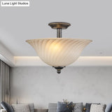 Semi Flush Mount 3 - Head White Glass Light In Countryside Bronze Finish - Ideal For Curved Bedroom