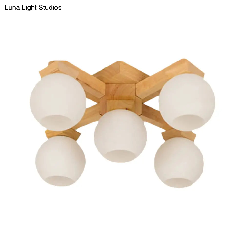 Semi Flush Mount Asian Ceiling Light Fixture - Wood Global Design With 5 Bulbs And White Frosted