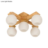 Semi Flush Mount Asian Ceiling Light Fixture - Wood Global Design With 5 Bulbs And White Frosted