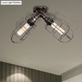 Semi-Flush Mount Cage Light With Coastal Style For Living Room - Wrought Iron 2 Bulbs Aged