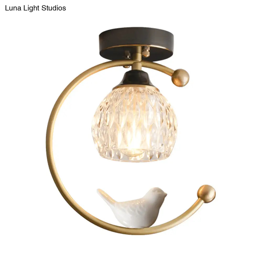 Semi Flush Mount Dining Room Ceiling Lamp - Dome Textured Glass With Brass C Arm And Bird Decor