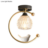 Semi Flush Mount Dining Room Ceiling Lamp - Dome Textured Glass With Brass C Arm And Bird Decor