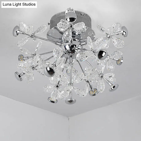Semi Flush Mount Modernist Flower Crystal Ceiling Lamp - 13 Heads Silver Finish For Living Room