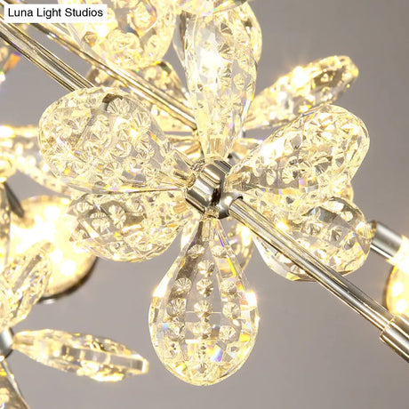 Semi Flush Mount Modernist Flower Crystal Ceiling Lamp - 13 Heads Silver Finish For Living Room
