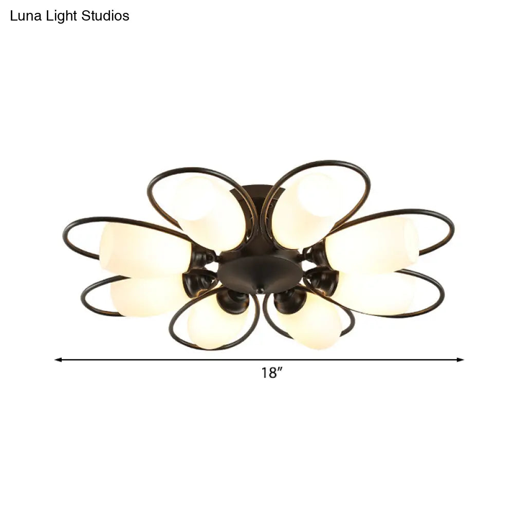 Semi Flush Mount Traditional Flower Shaped Ceiling Light: 3/6/8 Lights White Glass Black Ideal For