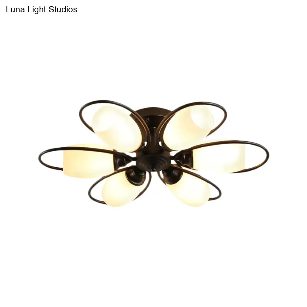 Semi Flush Mount Traditional Flower Shaped Ceiling Light: 3/6/8 Lights White Glass Black Ideal For