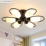 Semi Flush Mount Traditional Flower Shaped Ceiling Light: 3/6/8 Lights White Glass Black Ideal For
