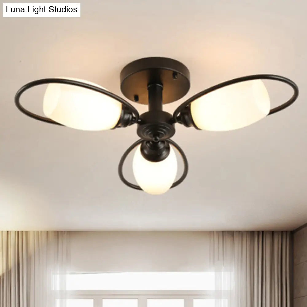 Semi Flush Mount Traditional Flower Shaped Ceiling Light: 3/6/8 Lights White Glass Black Ideal For