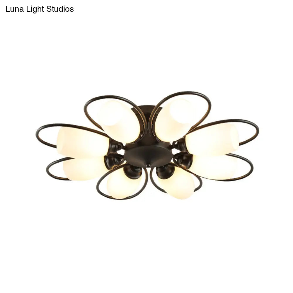 Semi Flush Mount Traditional Flower Shaped Ceiling Light: 3/6/8 Lights White Glass Black Ideal For