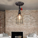 Semi Flush Mount Warehouse Wire Cage Light With Valve Wheel - 1 Bulb Wrought Iron Ceiling Lighting
