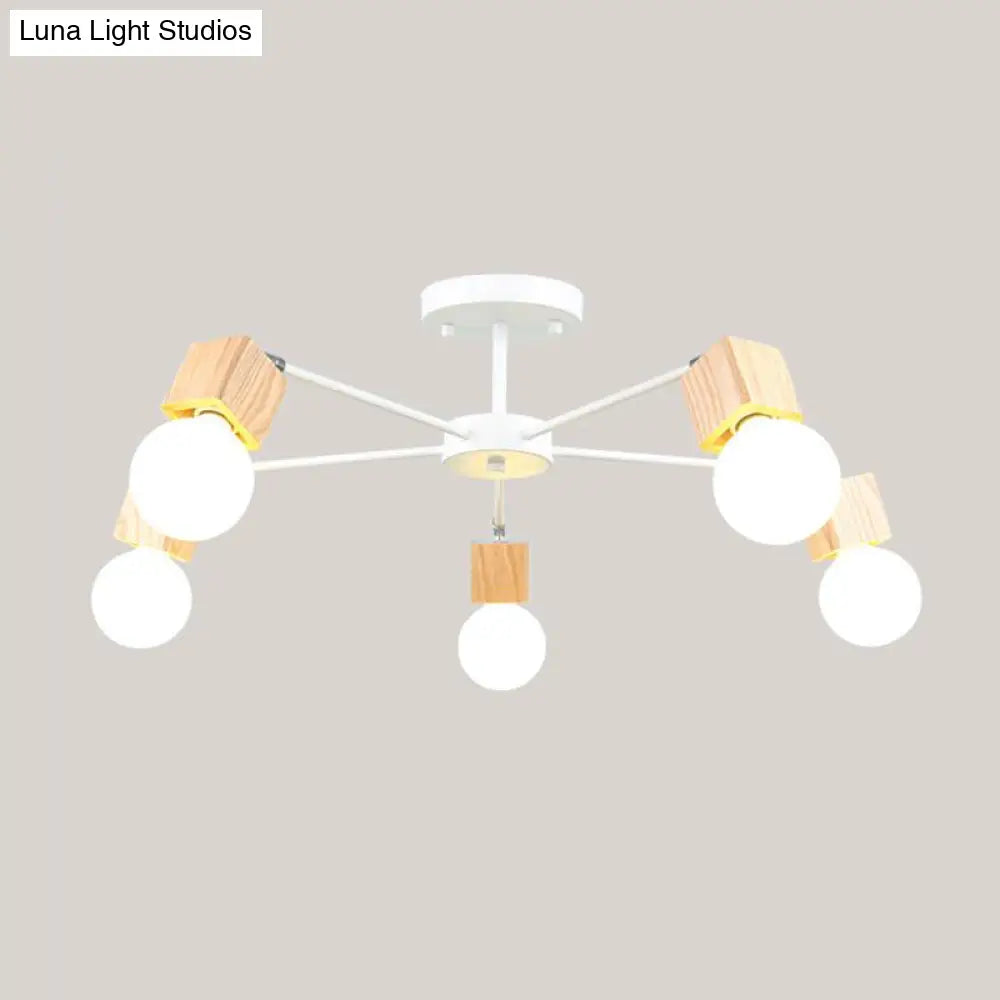 Semi-Flush Open Bulb Ceiling Light With Square Loft Style Design - 3/5 Heads Wood Metallic Mount