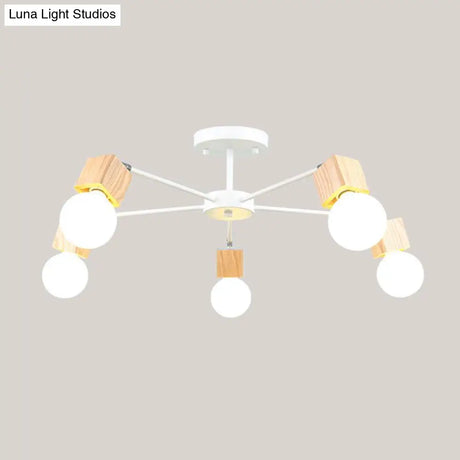 Semi-Flush Open Bulb Ceiling Light With Square Loft Style Design - 3/5 Heads Wood Metallic Mount