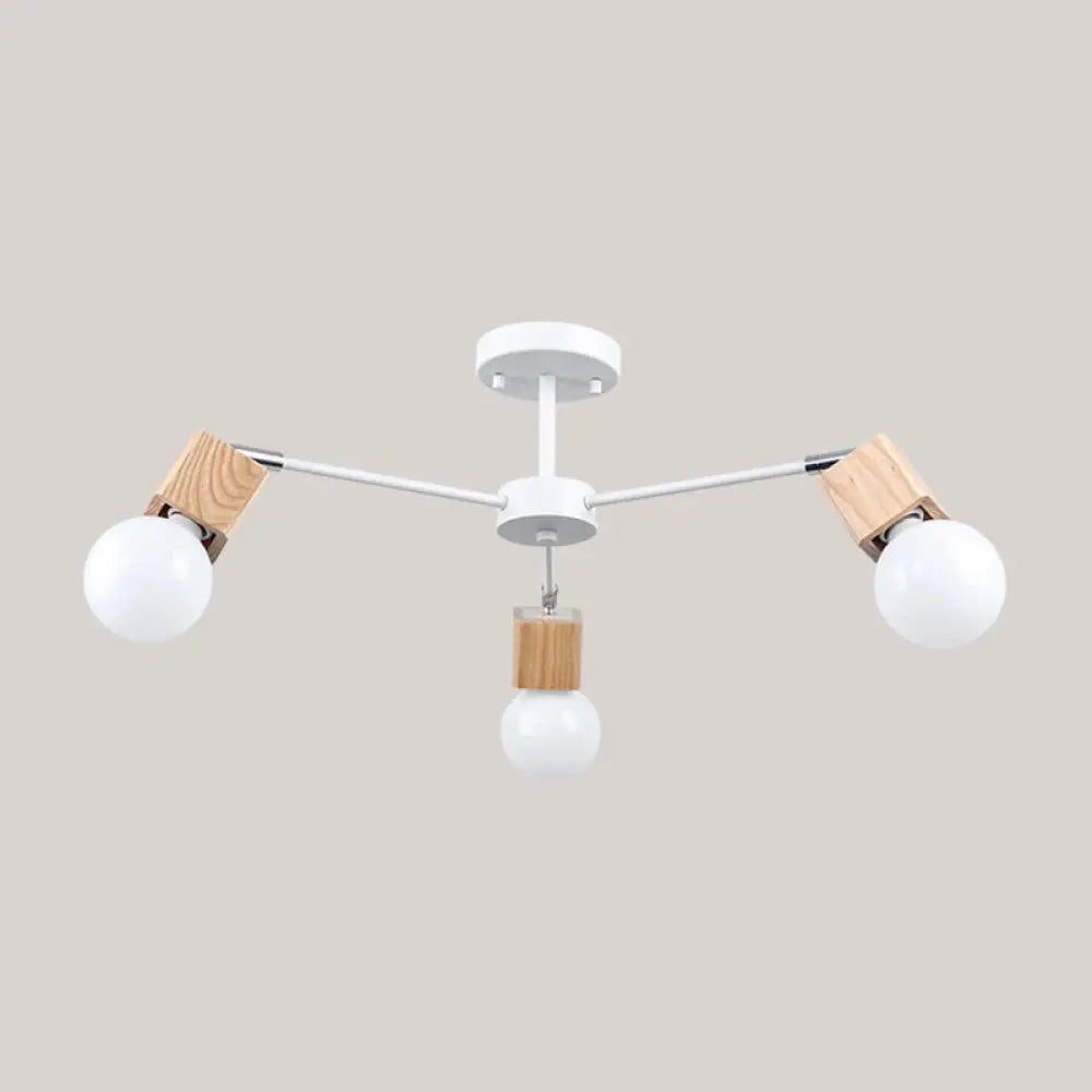 Semi-Flush Open Bulb Ceiling Light With Square Loft Style Design - 3/5 Heads Wood Metallic Mount