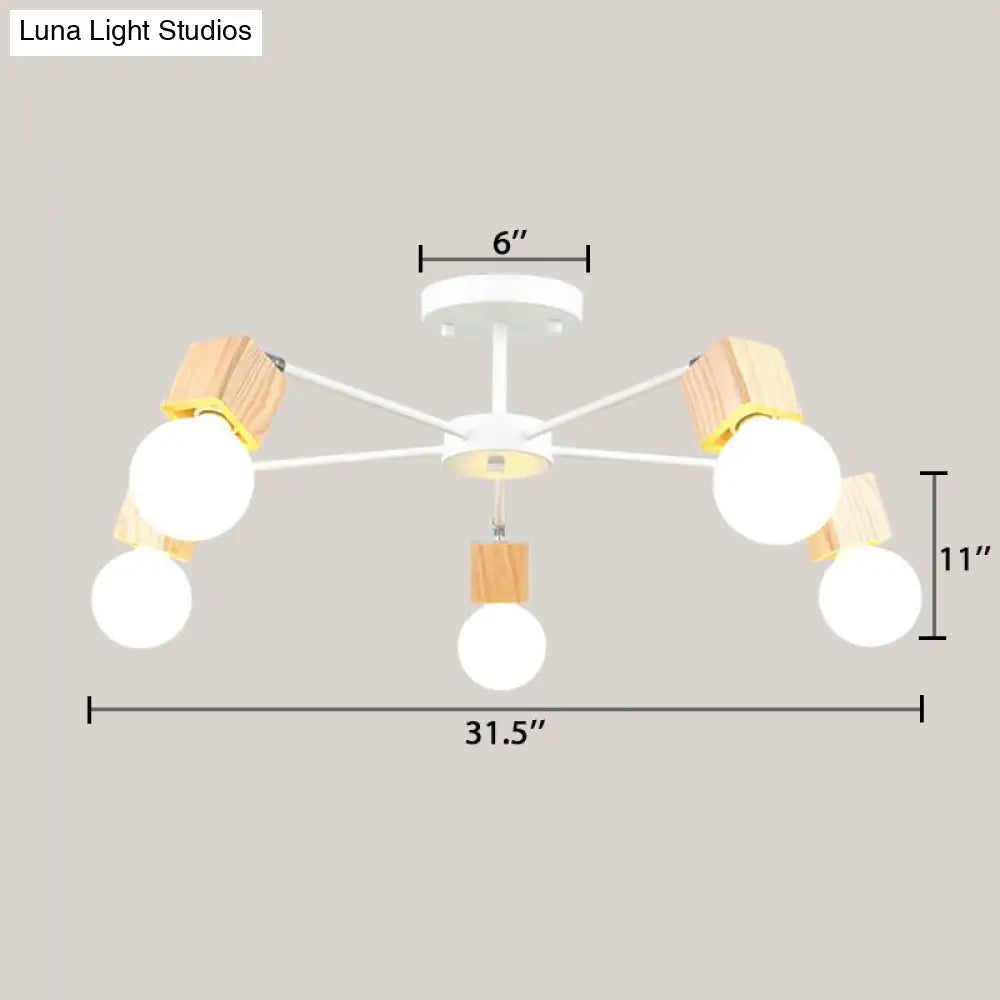 Semi-Flush Open Bulb Ceiling Light With Square Loft Style Design - 3/5 Heads Wood Metallic Mount