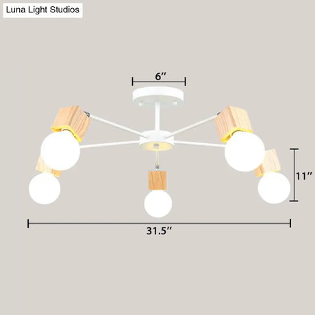 Semi-Flush Open Bulb Ceiling Light With Square Loft Style Design - 3/5 Heads Wood Metallic Mount