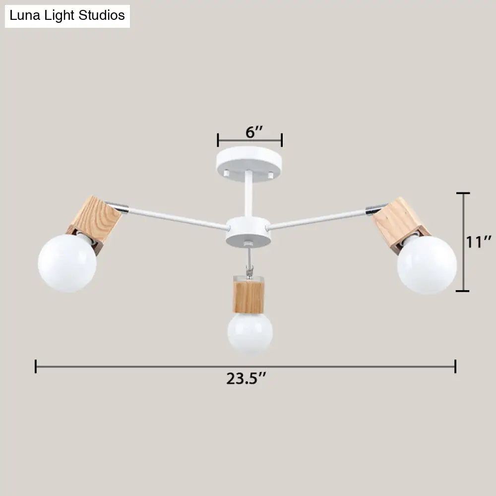 Semi-Flush Open Bulb Ceiling Light With Square Loft Style Design - 3/5 Heads Wood Metallic Mount