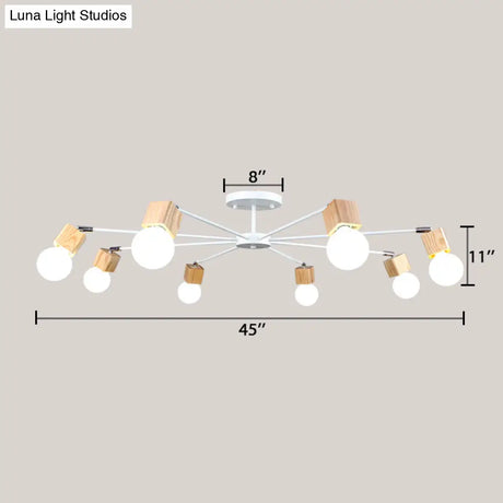 Semi-Flush Open Bulb Ceiling Light With Square Loft Style Design - 3/5 Heads Wood Metallic Mount
