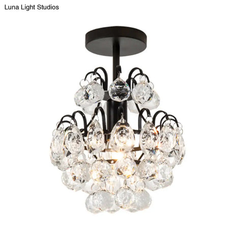 Semi Mount Crystal Droplet Close To Ceiling Light - Elegant 1-Bulb Tapered Design In Black