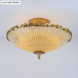 Semi Mount Lighting In Brass With Antiqued Bowl Shaped Flush Light And Clear Variegated Glass