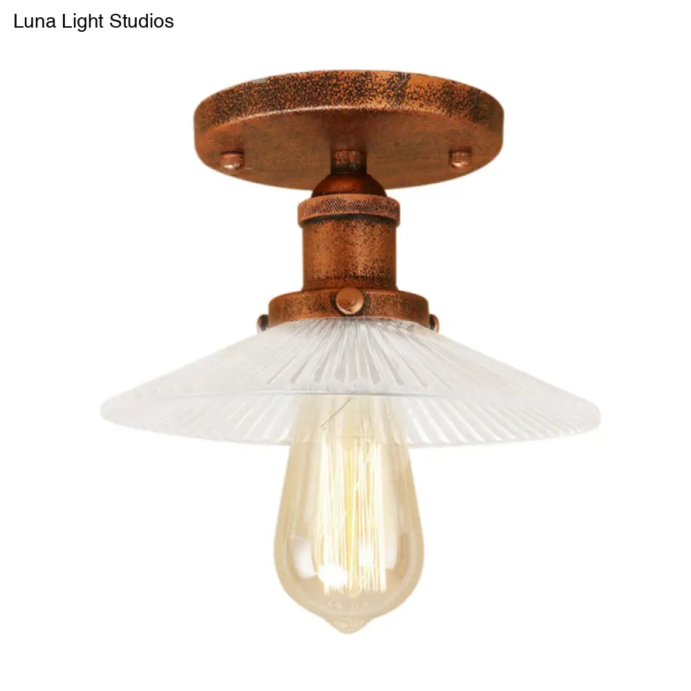 Semi Mount Ribbed Glass Cone Ceiling Light In Black/Brass/Copper - Industrial Style For Living Room