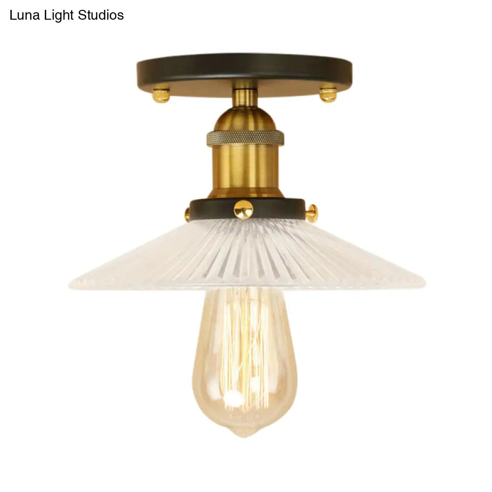 Semi Mount Ribbed Glass Cone Ceiling Light In Black/Brass/Copper - Industrial Style For Living Room