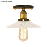 Semi Mount Ribbed Glass Cone Ceiling Light In Black/Brass/Copper - Industrial Style For Living Room