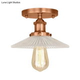 Semi Mount Ribbed Glass Cone Ceiling Light In Black/Brass/Copper - Industrial Style For Living Room