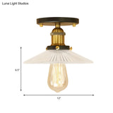 Semi Mount Ribbed Glass Cone Ceiling Light In Black/Brass/Copper - Industrial Style For Living Room