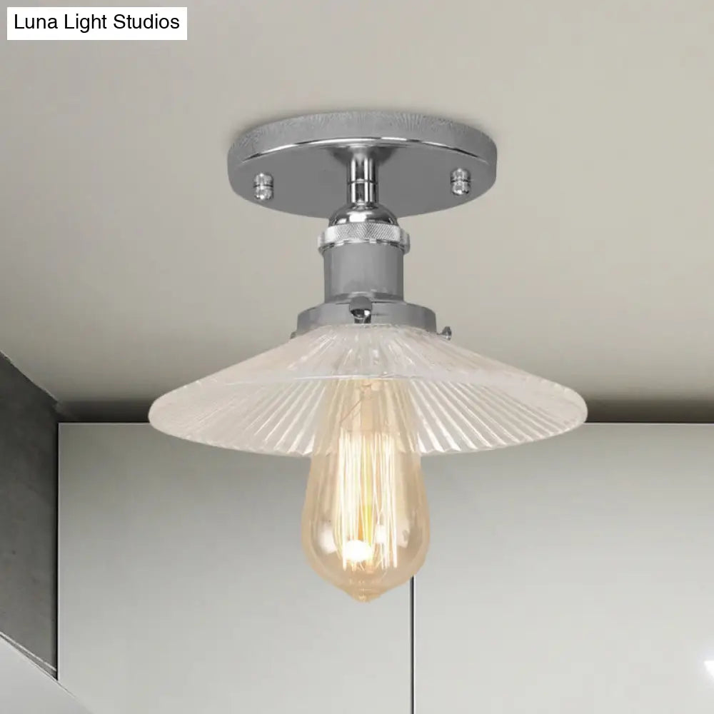 Semi Mount Ribbed Glass Cone Ceiling Light In Black/Brass/Copper - Industrial Style For Living Room