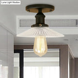 Semi Mount Ribbed Glass Cone Ceiling Light In Black/Brass/Copper - Industrial Style For Living Room