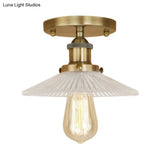 Semi Mount Ribbed Glass Cone Ceiling Light In Black/Brass/Copper - Industrial Style For Living Room