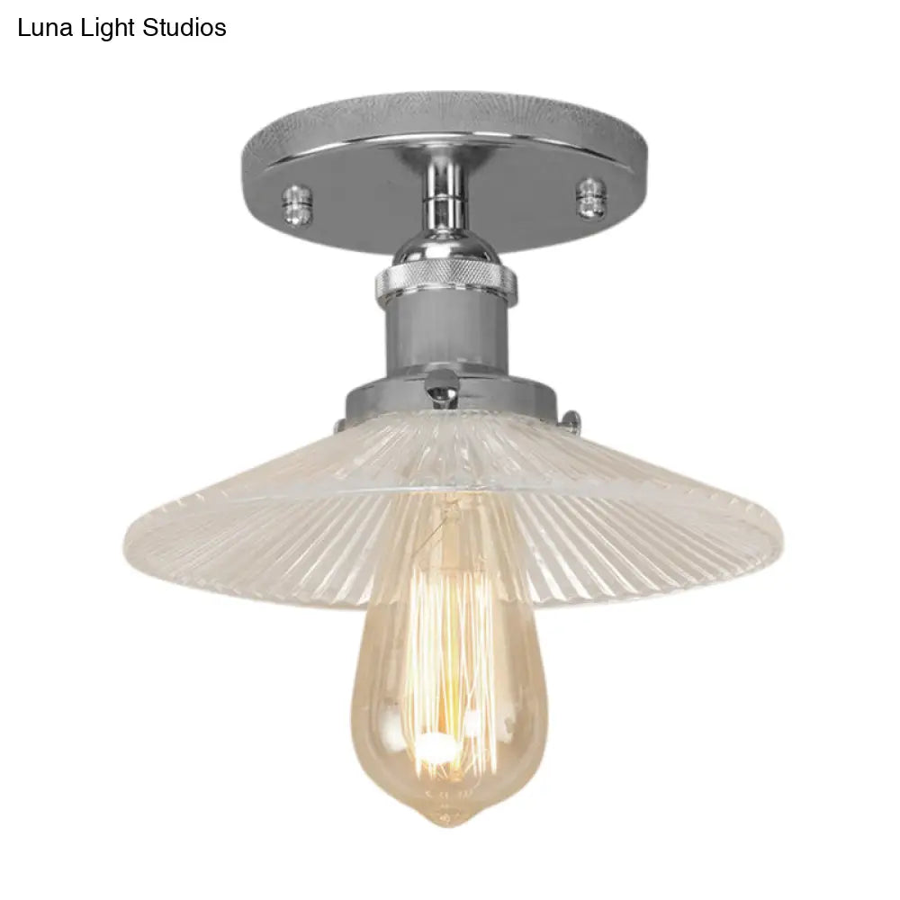Semi Mount Ribbed Glass Cone Ceiling Light In Black/Brass/Copper - Industrial Style For Living Room