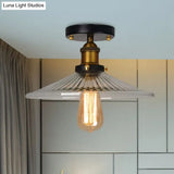 Semi Mount Ribbed Glass Cone Ceiling Light In Black/Brass/Copper - Industrial Style For Living Room