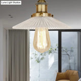 Semi Mount Ribbed Glass Cone Ceiling Light In Black/Brass/Copper - Industrial Style For Living Room