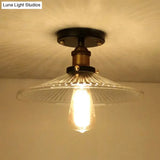Semi Mount Ribbed Glass Cone Ceiling Light In Black/Brass/Copper - Industrial Style For Living Room