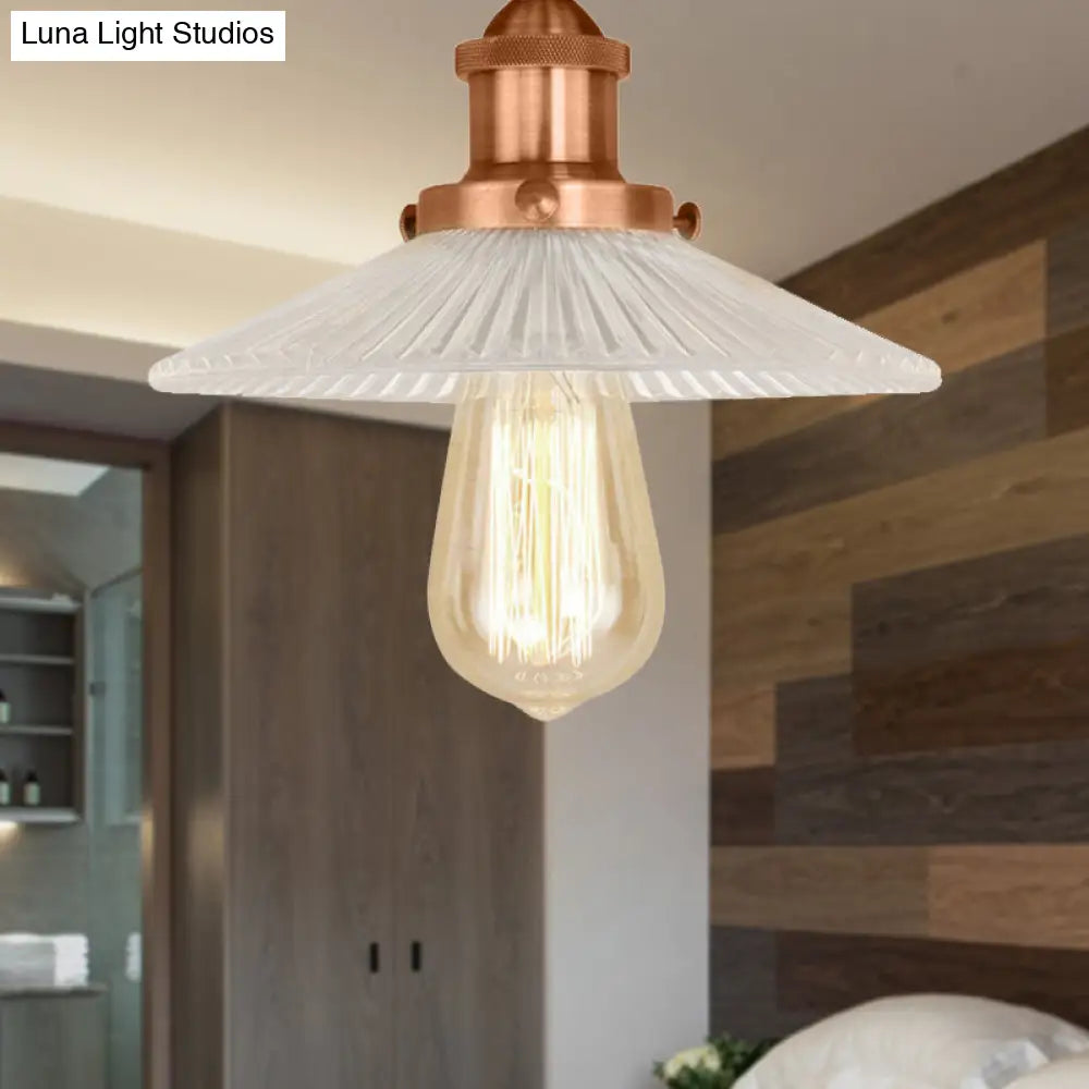 Semi Mount Ribbed Glass Cone Ceiling Light In Black/Brass/Copper - Industrial Style For Living Room