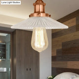 Semi Mount Ribbed Glass Cone Ceiling Light In Black/Brass/Copper - Industrial Style For Living Room