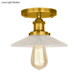 Semi Mount Ribbed Glass Cone Ceiling Light In Black/Brass/Copper - Industrial Style For Living Room