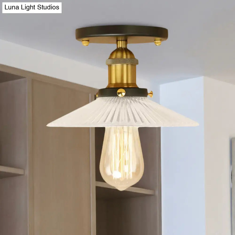 Semi Mount Ribbed Glass Cone Ceiling Light In Black/Brass/Copper - Industrial Style For Living Room