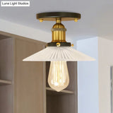 Semi Mount Ribbed Glass Cone Ceiling Light In Black/Brass/Copper - Industrial Style For Living Room