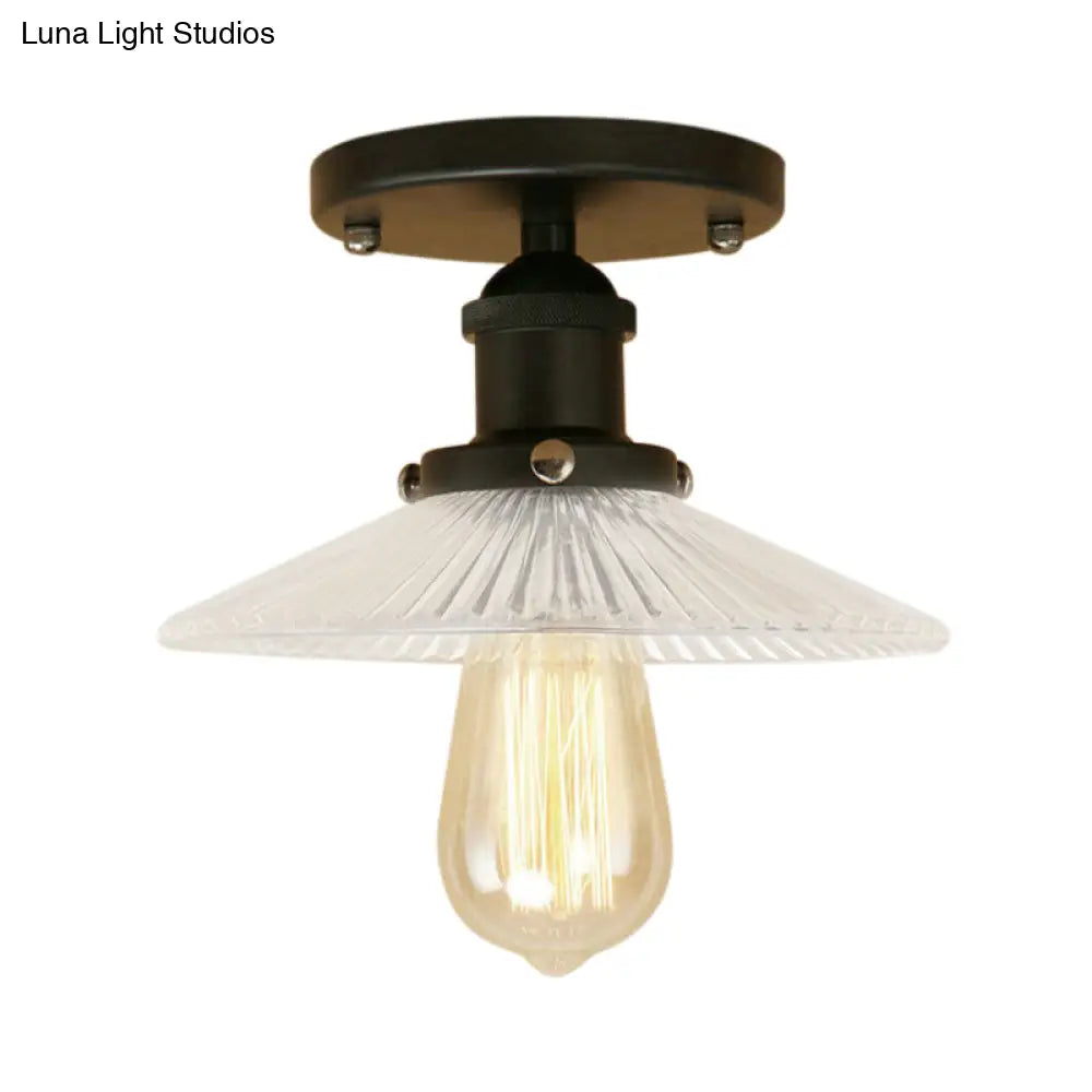 Semi Mount Ribbed Glass Cone Ceiling Light In Black/Brass/Copper - Industrial Style For Living Room
