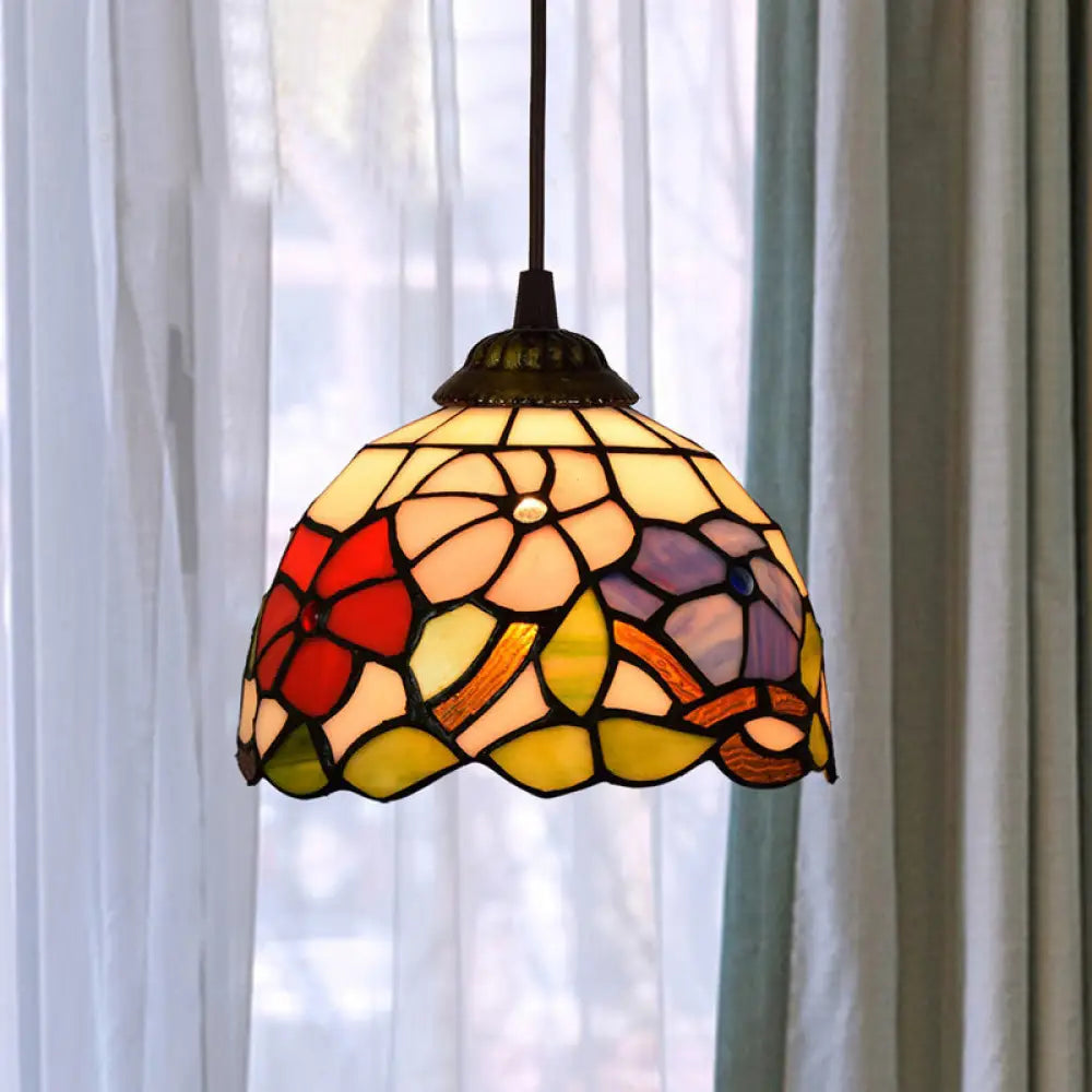 Shaded Tiffany Glass Pendant Light - Elegant 1-Bulb Suspension Fixture For Corridor Apricot