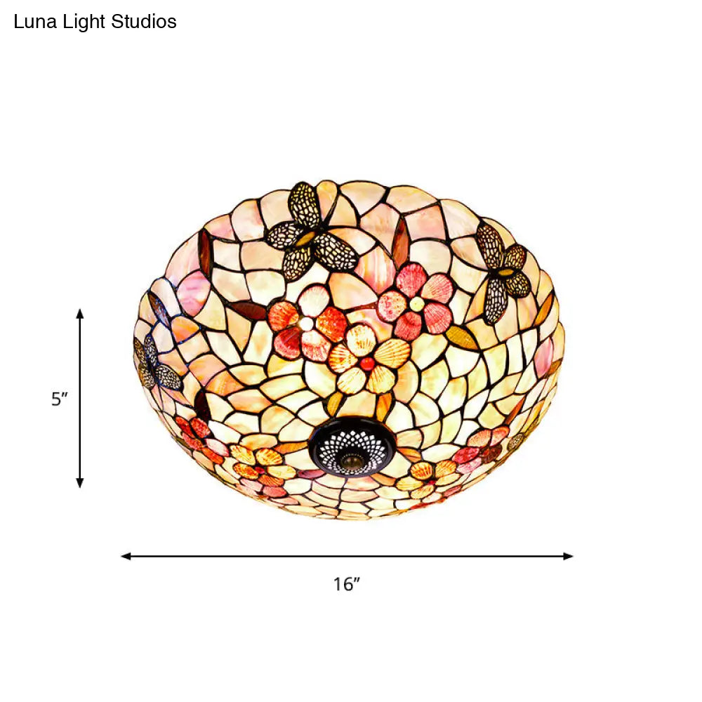 Shell Beige Tiffany Flushmount Ceiling Fixture With Butterfly - Flower Pattern 3/4 Lights 16’/20.5’W