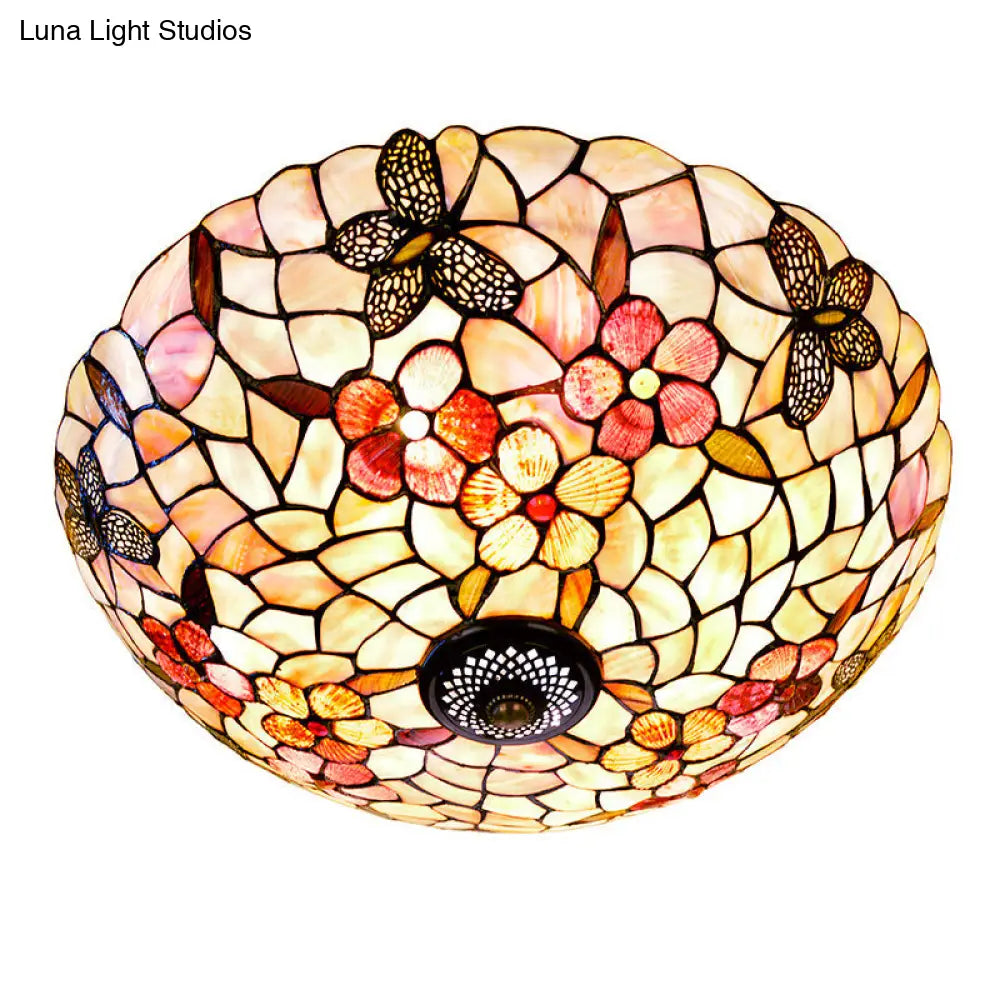 Shell Beige Tiffany Flushmount Ceiling Fixture With Butterfly - Flower Pattern 3/4 Lights 16’/20.5’W