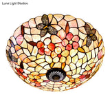 Shell Beige Tiffany Flushmount Ceiling Fixture With Butterfly - Flower Pattern 3/4 Lights 16’/20.5’W