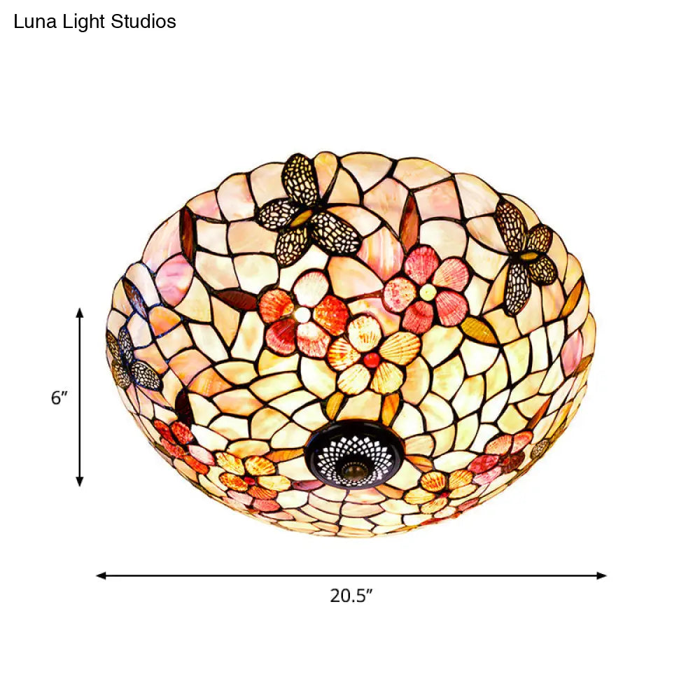 Shell Beige Tiffany Flushmount Ceiling Fixture With Butterfly - Flower Pattern 3/4 Lights 16’/20.5’W