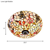 Shell Beige Tiffany Flushmount Ceiling Fixture With Butterfly - Flower Pattern 3/4 Lights 16’/20.5’W