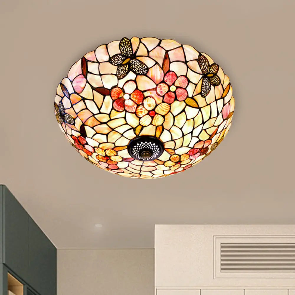 Shell Beige Tiffany Flushmount Ceiling Fixture With Butterfly-Flower Pattern 3/4 Lights 16/20.5W